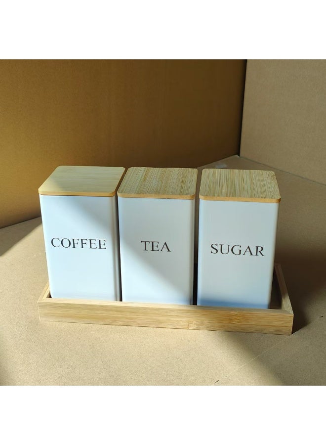 بيرام طقم حاويات معدنية للشاي والقهوة والسكر مع غطاء من الخيزران محكمة الإغلاق للتخزين في المنزل والمطبخ صندوق شاي وطقم حاويات لحبوب القهوة لتحسين المنزل بتصميم عصري باللون الأبيض - Image 5